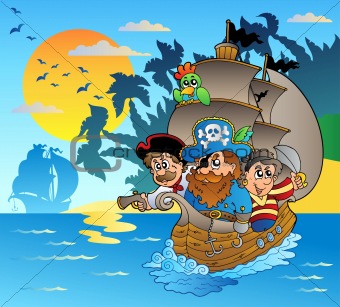 Three pirates in boat near island