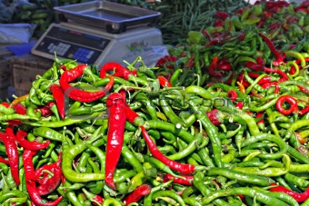 Hot chilli peppers on a market stall