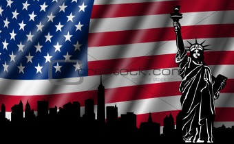 USA American Flag with Statue of Liberty Skyline Silhouette