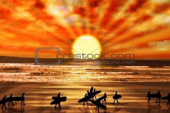 surfers walking on sunset beach