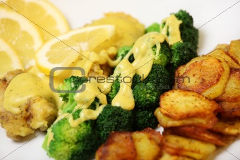 Fish, chips and broccoli