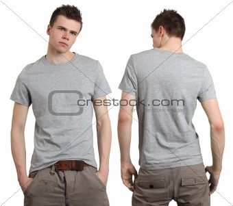 Male wearing blank gray shirt