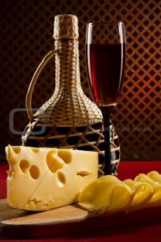 Red wine glass and cheese