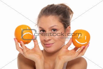 Woman with two oranges  different emotions