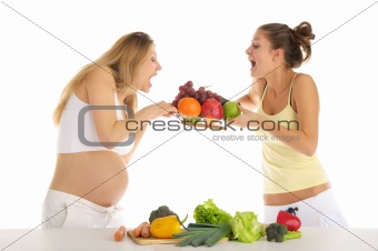 two women squabbling over fruit