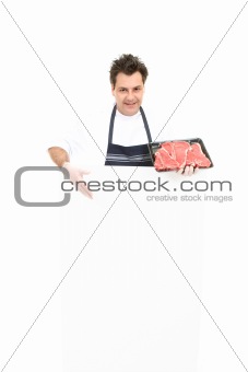 Butcher with advertising sign