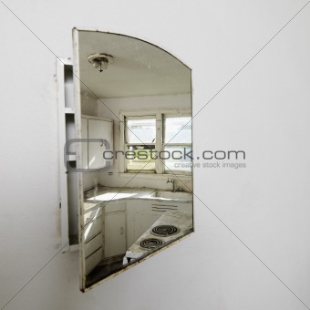 Kitchen in mirror.