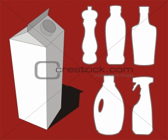 Illustration of different bottles silhouettes and 3d milk box graphic