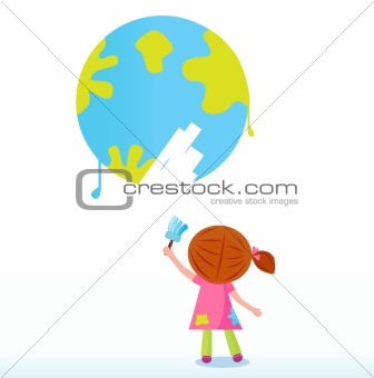 Little artist - child painting Earth ( planet, globe )