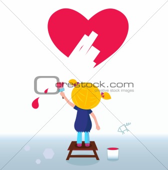 Little artist - cute girl painting red Heart on the Wall
