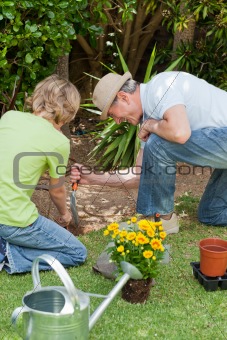 Grandfather with his grandson working in the garden
