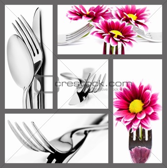 Collage of cutlery in different positions on white