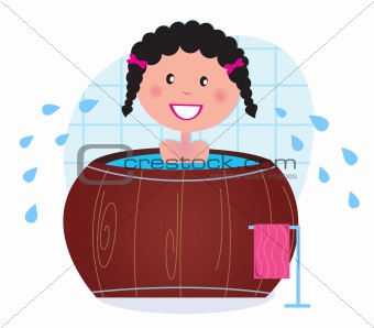 A woman soaking in whirlpool / cold barrel tub after sauna