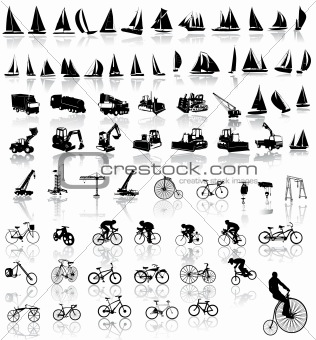 Vector illustration of bicycles, yachts  and Construction vehicles