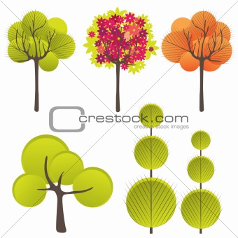 Abstract background with green tree and flowers.