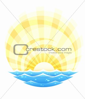 abstract landscape with sea waves and rising sun