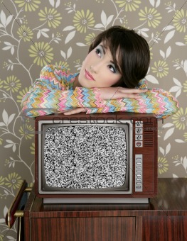 retro pensive woman on vintage wooden tv 60s