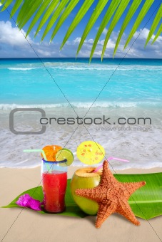 coconut red cocktail with starfish in tropical beach