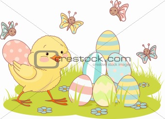 Chick and Easter eggs