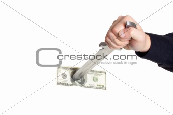 man knifed dollar on white