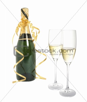 Bottle of champagne and glass isolated on white background