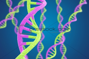 Green and purple DNA helices on a blue background with shallow DOF