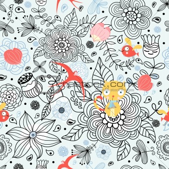 floral pattern with cats and birds