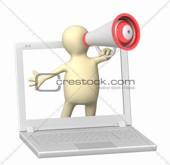 3d puppet with laptop and megaphone 