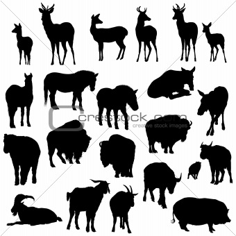 Set of deer, horses, goats, yaks, buffalos and pig   silhouettes
