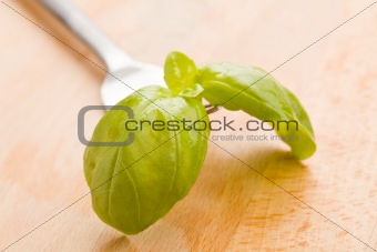 Fork with basil leaves
