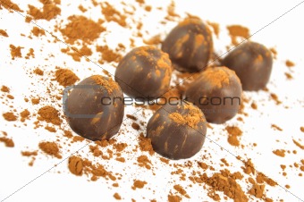 Chocolates sprinkled with cocoa, isolated on a white background 
