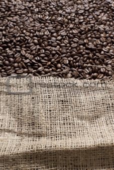 Coffee beans in a big canvas bag