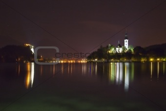 Night panorama of Bled Lake in Slovenia