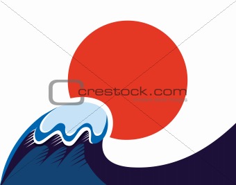 Japan symbol of sun and tsunami wawe isolated on white
