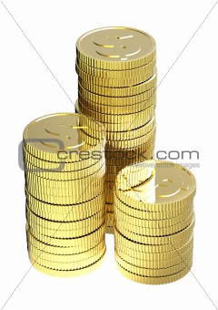 Stacks of gold dollar coins isolated on a white background.