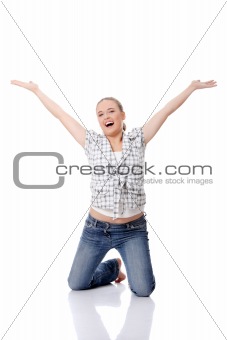 Young happy woman with hands up
