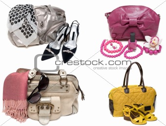 Collage from feminine bags, loafers and accessory