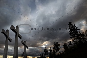 Good Friday Easter Day Crosses Clouds Trees Background
