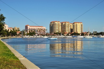 Waterfront buildings on the shore of an inlet