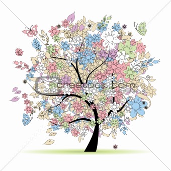 Floral tree in pastel colors for your design, spring
