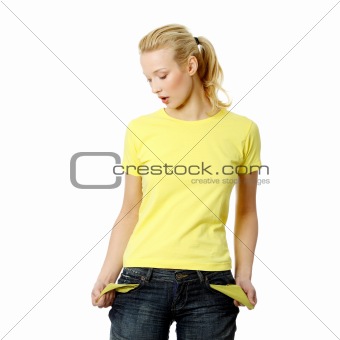 Young woman showing empty pockets