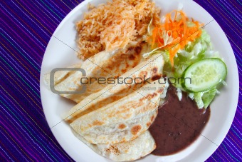 quesadillas rice salad frijoles sauce Mexican food