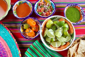 Mexican food varied chili sauces nachos lemon