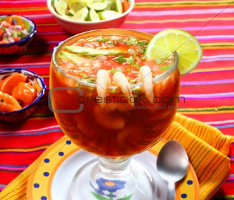 Cocktail of shrimps seafood mexican style chili sauce