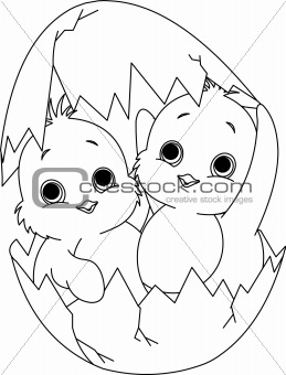 Two Easter chickens in the egg. Coloring page