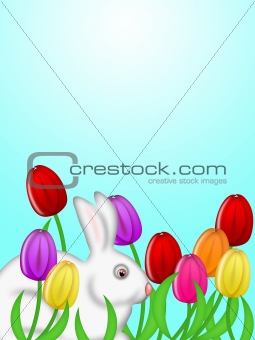White Easter Bunny Amongst Colorful Tulips