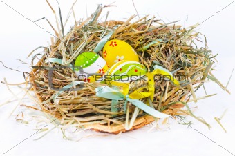 Closeup basket with colorful Easter Eggs