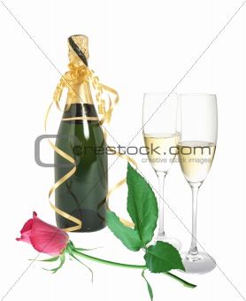Bottle of champagne, rose and glass isolated on white background