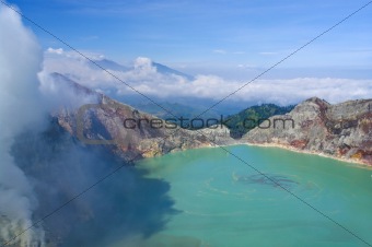 Sulphatic lake in a crater of volcano Ijen.  Indonesia 