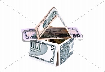 set of different nominal dollar notes in house shape isolated ov